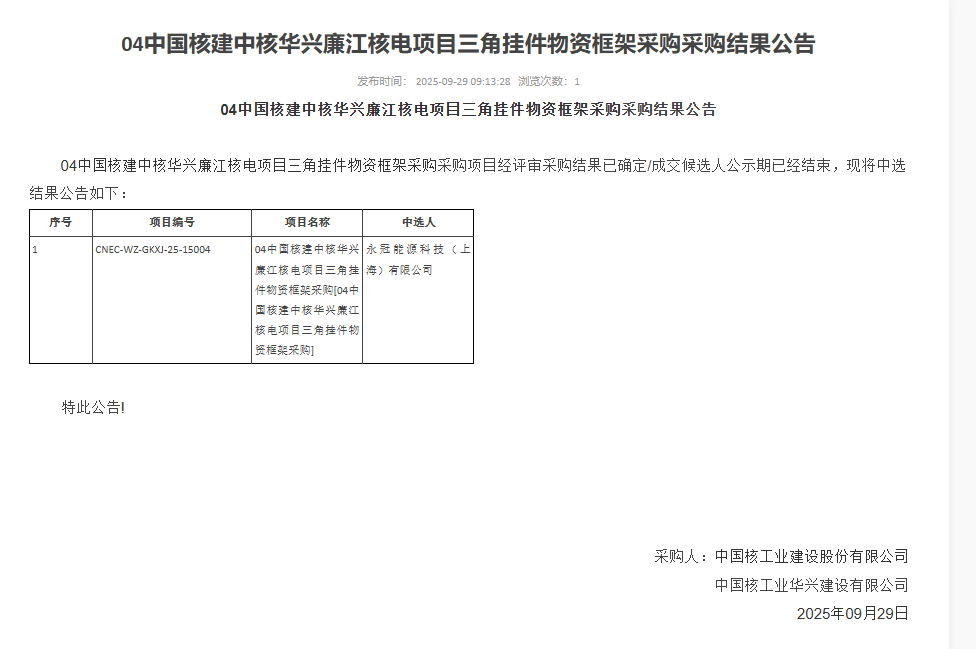 04 中国核建中核华兴廉江核电项目三角挂件物资框架采购采购结果公告