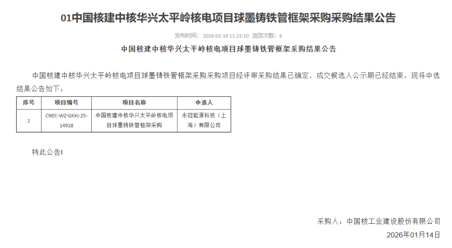 01 中国核建中核华兴太平岭核电项目球墨铸铁管框架采购采购结果公告