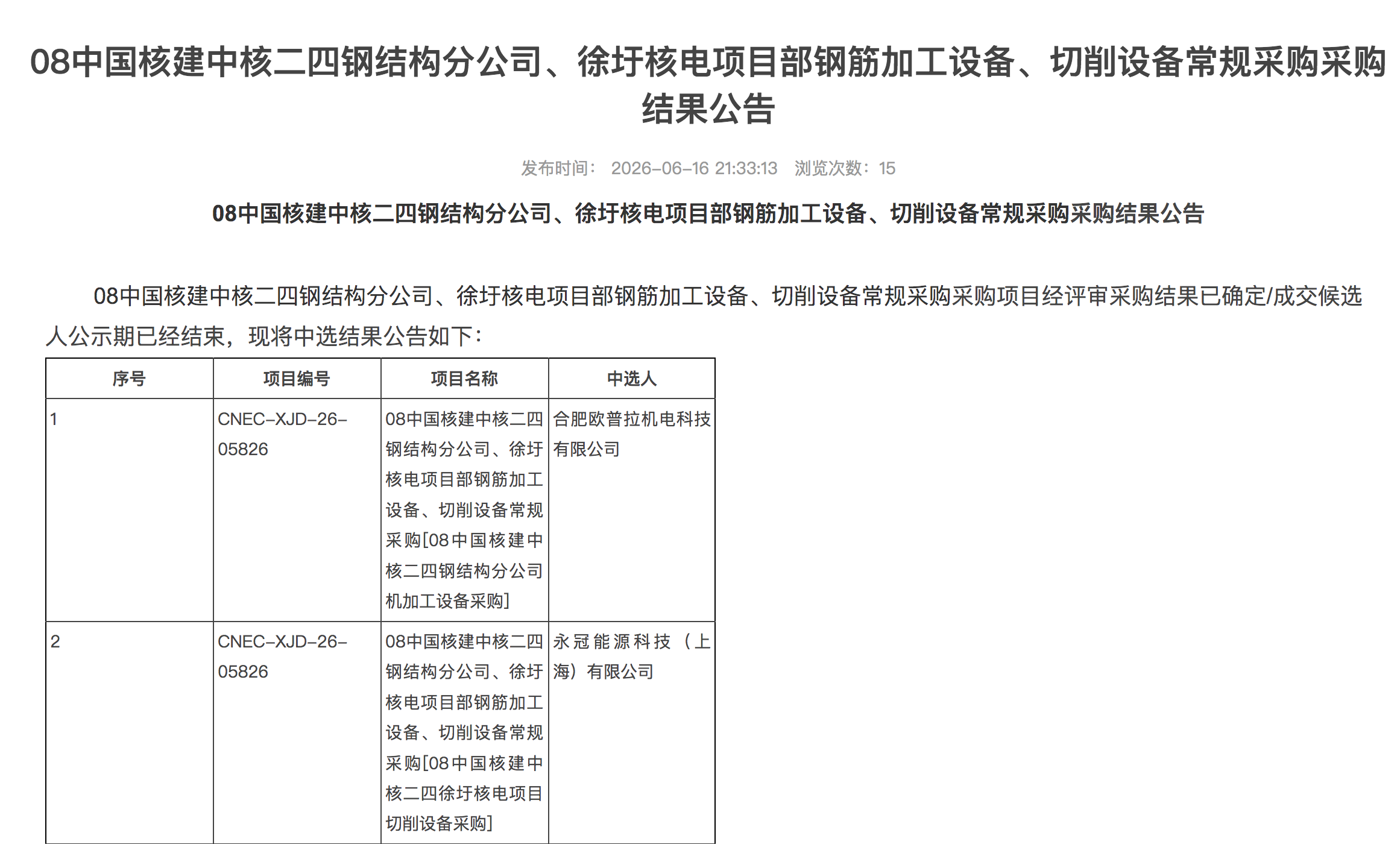 08 中国核建中核二四钢结构分公司、徐圩核电项目部钢筋加工设备、切削设备常规采购采购结果公告